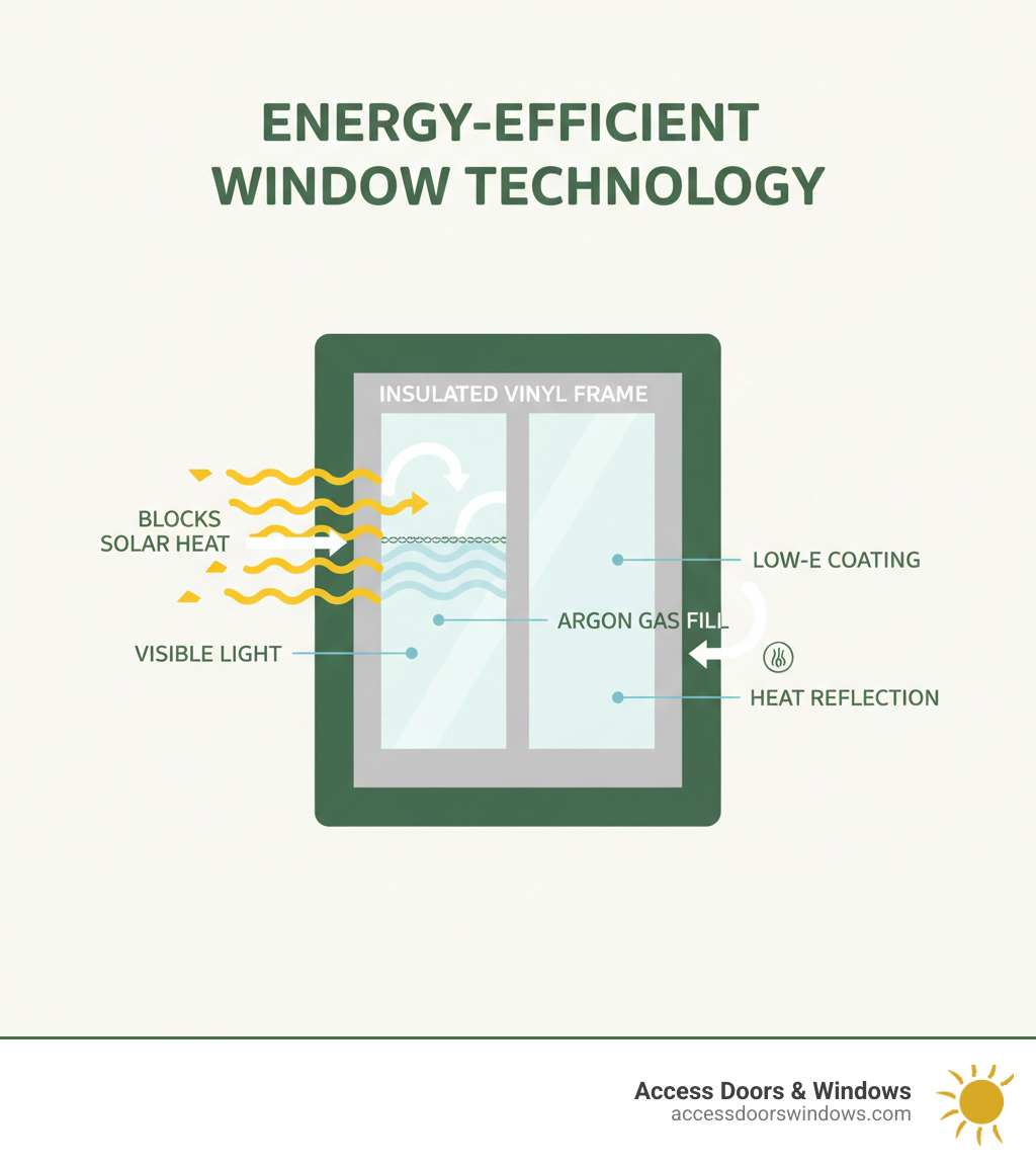 infographic showing cross-section of energy-efficient window with labeled components including Low-E coating blocking solar heat, argon gas fill between panes, insulated vinyl frame, and arrows showing heat reflection while visible light passes through - energy efficient windows fort myers infographic 