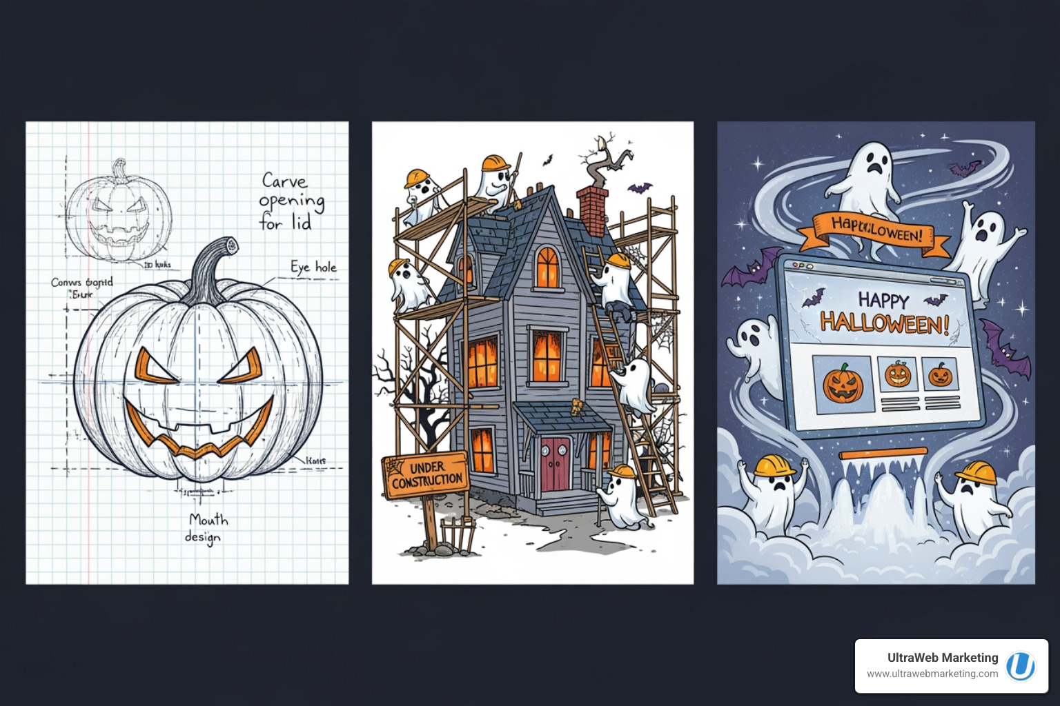 Three Halloween-themed steps: Blueprint (a pumpkin sketch), Development (a haunted house being built), and Deploy (a ghostly website launching). - boca web agency