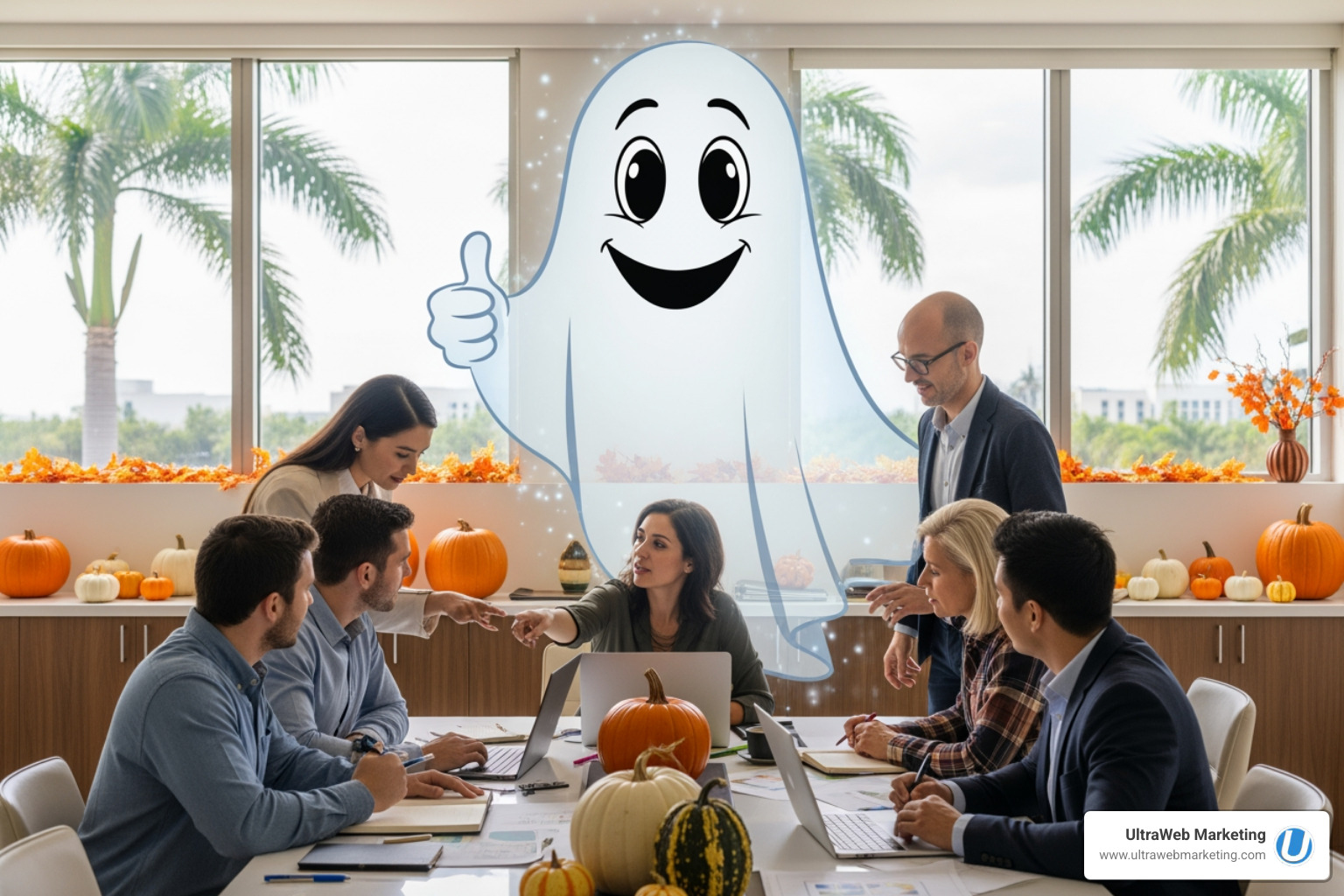 A friendly Halloween ghost giving a thumbs up to the UltraWeb Marketing team collaborating in their Boca Raton office, surrounded by pumpkins and fall decor. - boca web agency