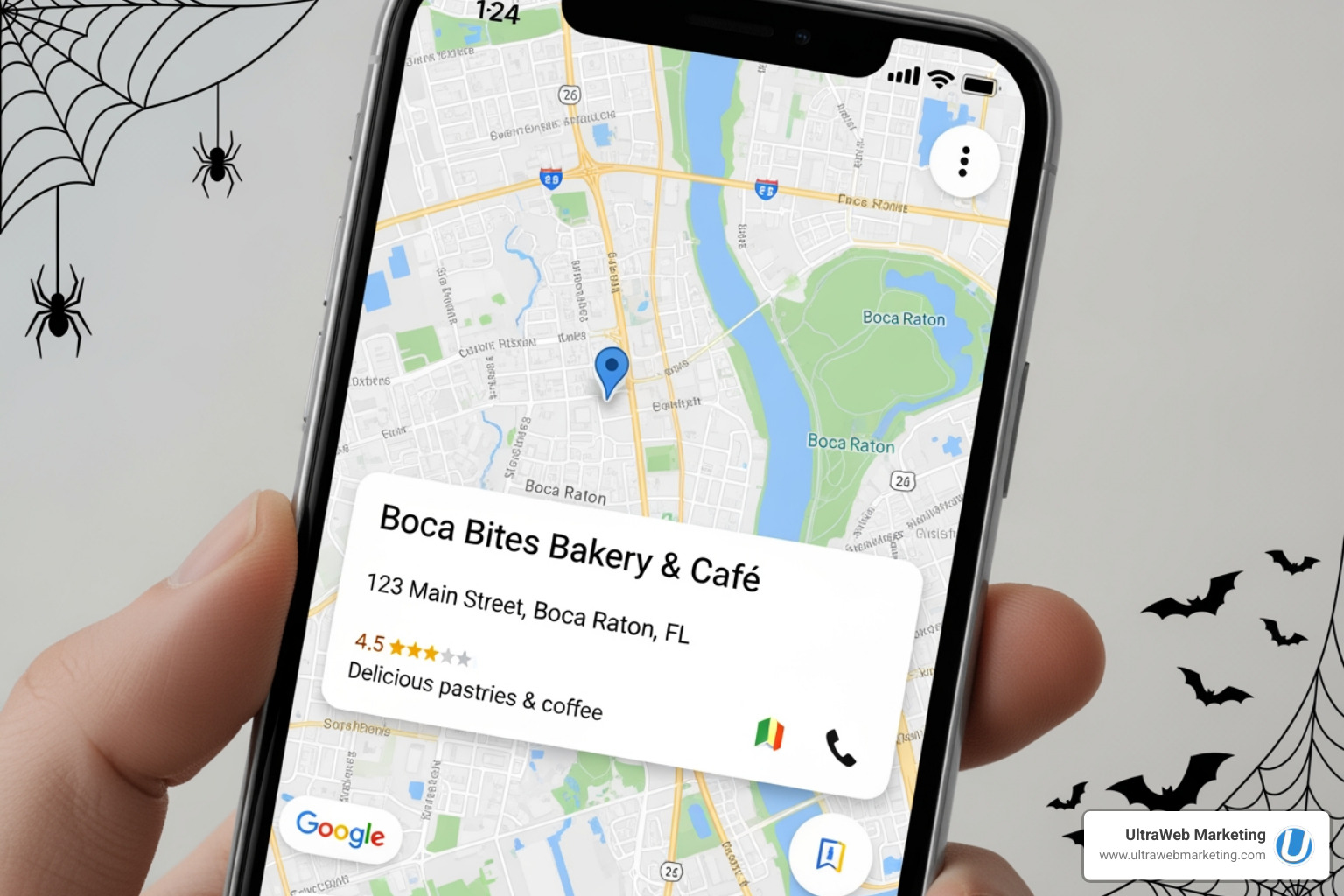 A smartphone displaying Google Maps results for a local Boca Raton business, with a subtle Halloween overlay of spiderwebs or bats, emphasizing local search. - digital marketing boca raton
