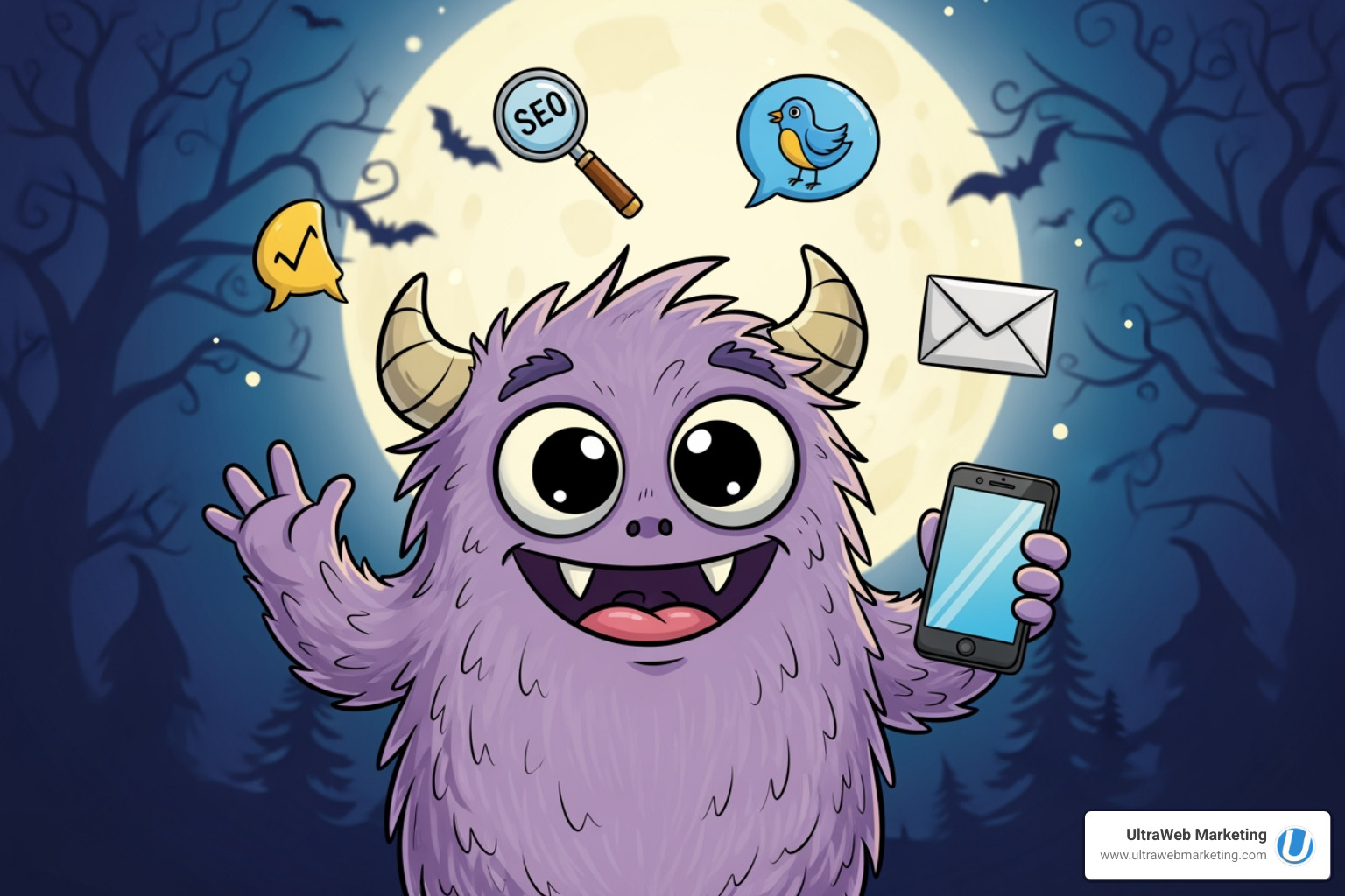 A friendly monster holding a smartphone, with various digital marketing icons (SEO, social media, email) floating around, set against a spooky, moonlit background - search engine optimization delray beach A friendly monster holding a smartphone, with various digital marketing icons (SEO, social media, email) floating around, set against a spooky, moonlit background - search engine optimization delray beach