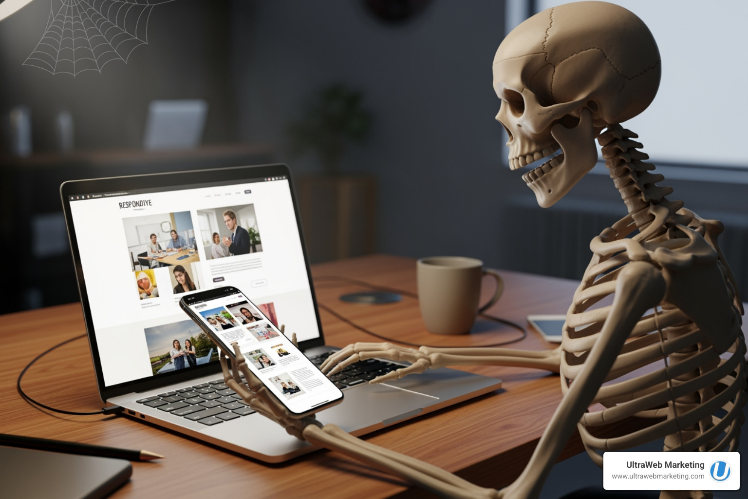 A playful skeleton using a laptop and phone to browse a responsive website, with a spiderweb in the corner - search engine optimization delray beach A playful skeleton using a laptop and phone to browse a responsive website, with a spiderweb in the corner - search engine optimization delray beach