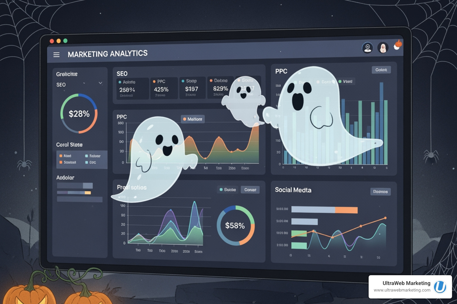 of a dashboard showing analytics from multiple marketing channels like SEO, PPC, and social media, with spooky ghosts hovering over data points. - full service ad agency of a dashboard showing analytics from multiple marketing channels like SEO, PPC, and social media, with spooky ghosts hovering over data points. - full service ad agency