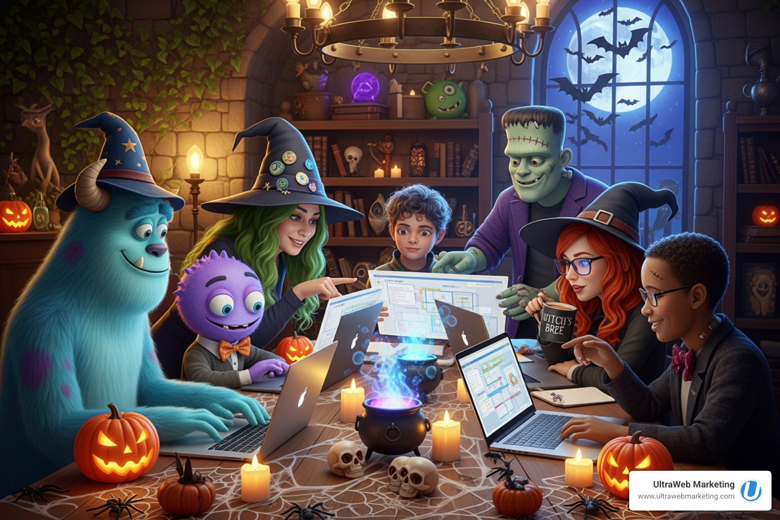 A team of friendly monsters and witches collaborating around a table, strategizing with laptops and spooky decor - search engine optimization delray beach A team of friendly monsters and witches collaborating around a table, strategizing with laptops and spooky decor - search engine optimization delray beach