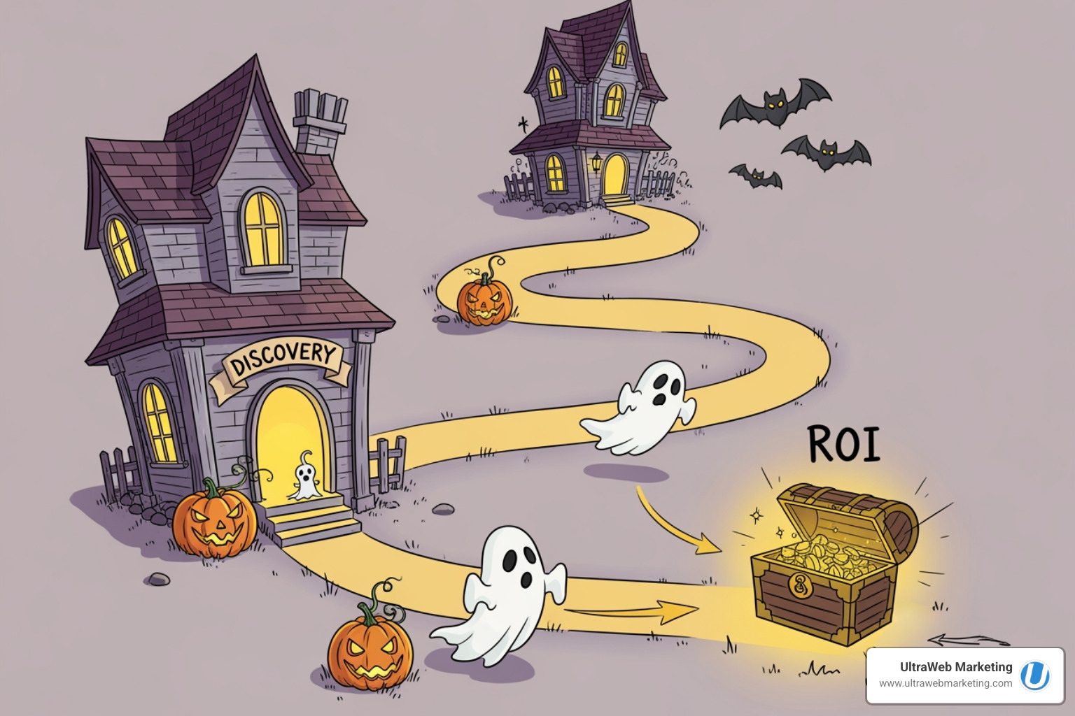 of a flowchart illustrating the typical agency workflow from discovery to reporting, depicted as a path through a haunted house leading to a treasure chest. - full service ad agency of a flowchart illustrating the typical agency workflow from discovery to reporting, depicted as a path through a haunted house leading to a treasure chest. - full service ad agency