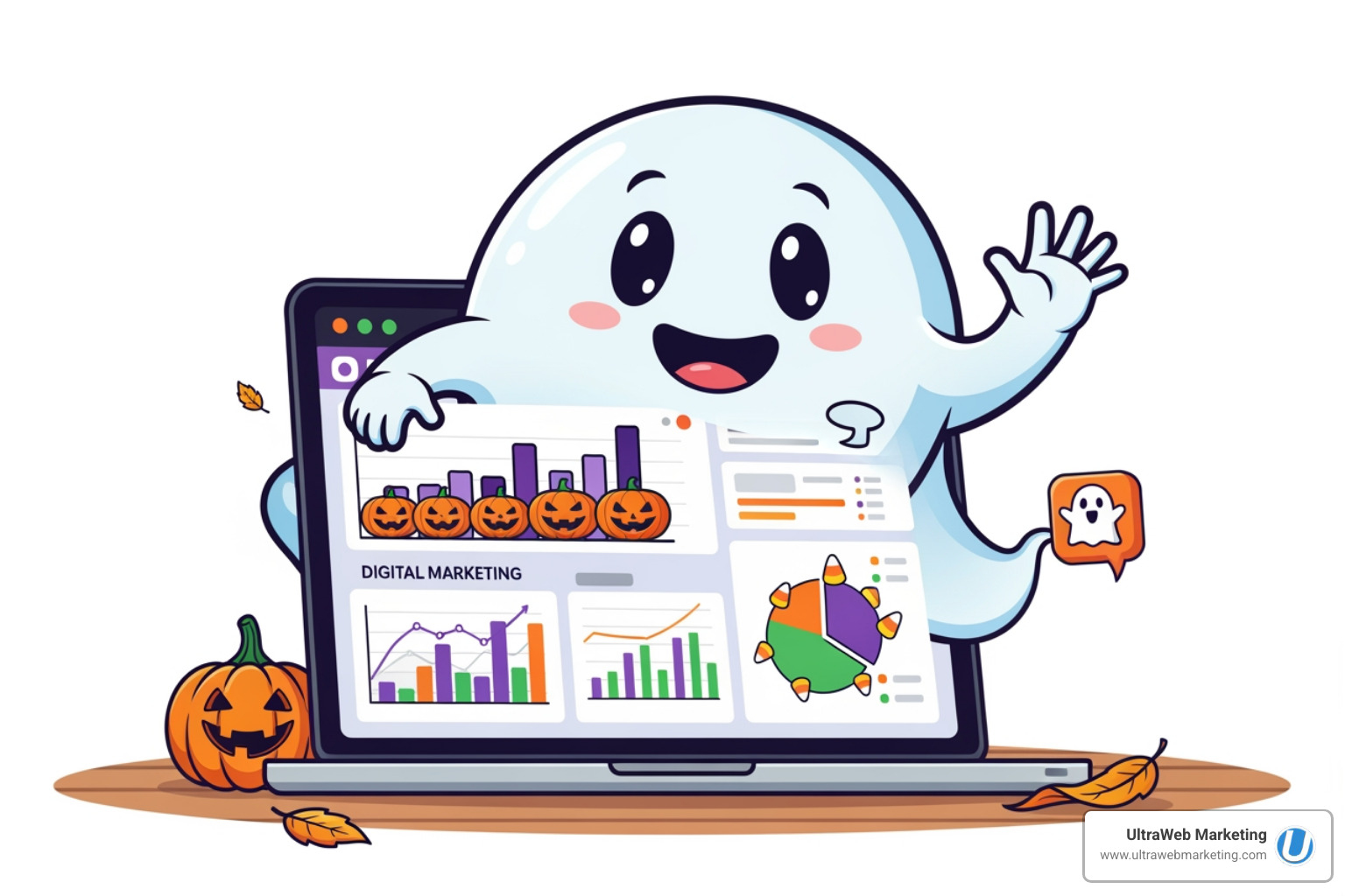 A Halloween-themed graphic of a friendly ghost waving from a computer screen, symbolizing helpful digital marketing support. - full service ad agency A Halloween-themed graphic of a friendly ghost waving from a computer screen, symbolizing helpful digital marketing support. - full service ad agency