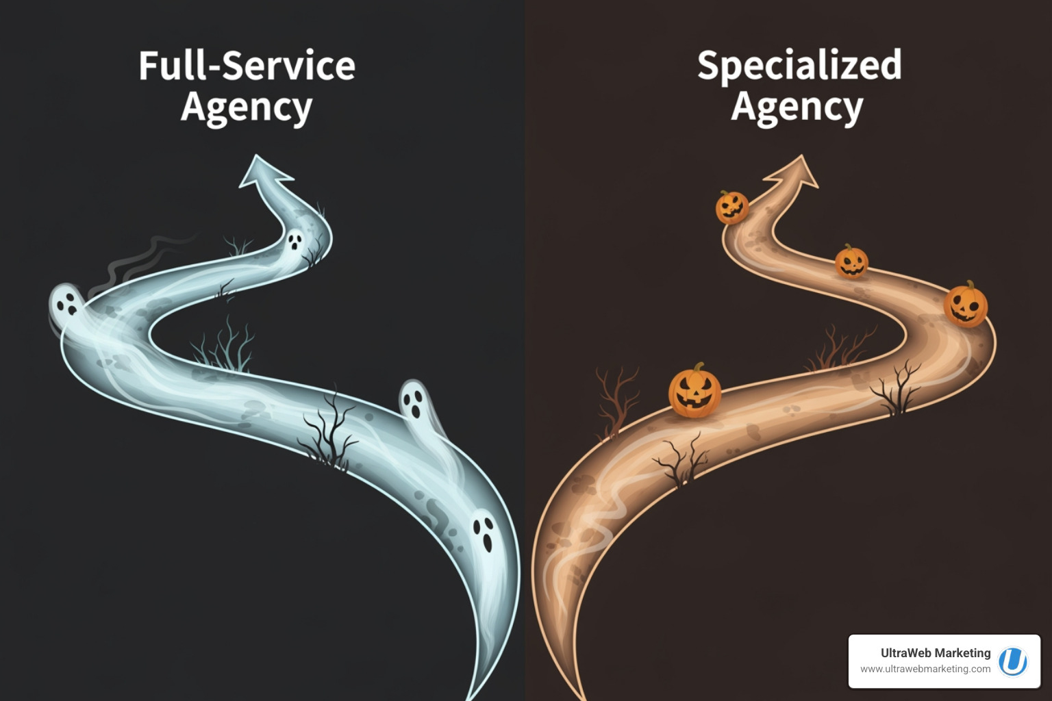 of a table comparing the pros and cons of a full-service agency vs. a specialized/boutique agency, with spooky pathways leading to each option. - full service ad agency of a table comparing the pros and cons of a full-service agency vs. a specialized/boutique agency, with spooky pathways leading to each option. - full service ad agency