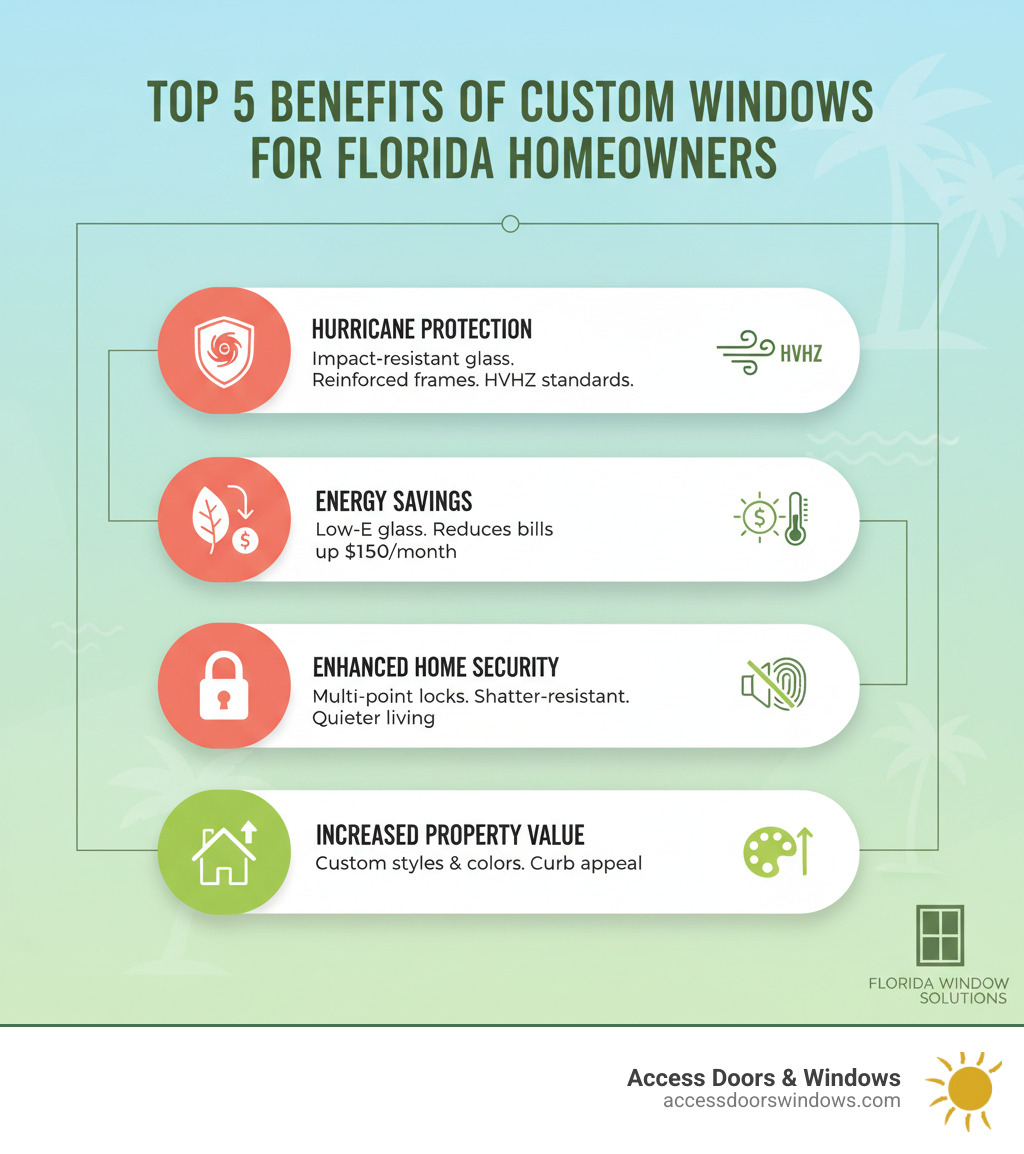 Infographic showing the top 5 benefits of custom windows for Florida homeowners: 1. Hurricane protection with impact-resistant laminated glass and reinforced frames meeting HVHZ standards, 2. Energy savings through Low-E coatings and insulated glass reducing cooling bills up to $150 monthly, 3. Enhanced home security with multi-point locking systems and shatter-resistant glass, 4. Noise reduction by up to 45 decibels for quieter living spaces, 5. Increased property value and curb appeal with custom styles and colors - Custom window solutions Florida infographic 