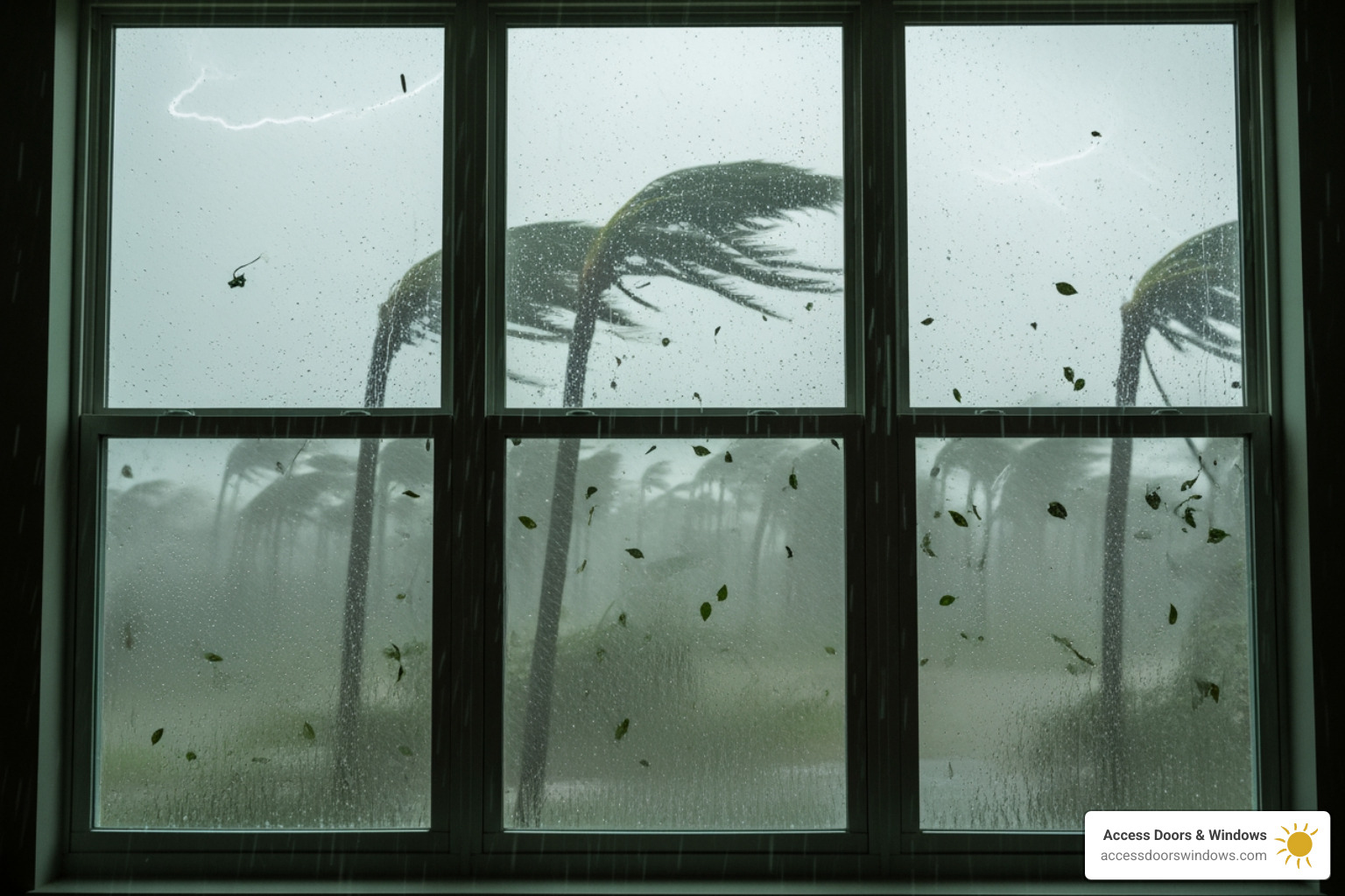 Image of a secure, modern window with a hurricane raging outside - Custom window solutions Florida