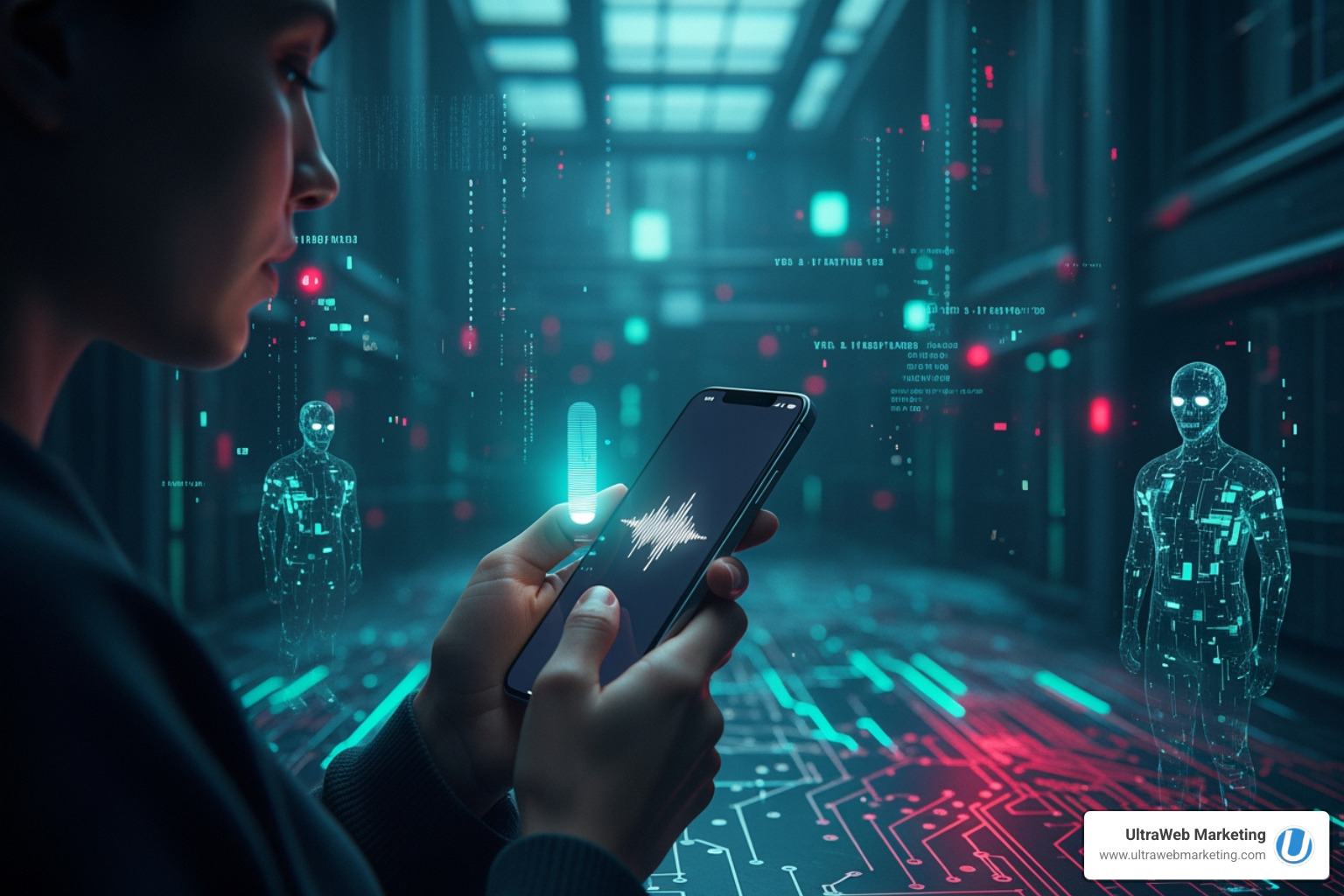 A person interacting with a voice assistant on their smartphone, with a futuristic, slightly spooky, AI-themed background, representing the rise of AI and voice search. - digital marketing boca raton