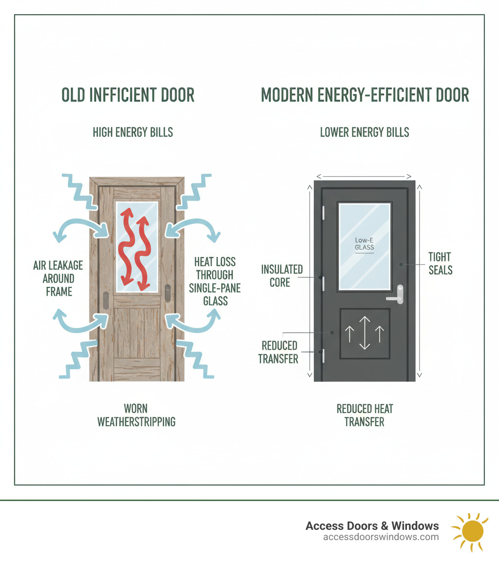 infographic showing how heat is lost through old inefficient doors with arrows indicating air leakage around frame, through single-pane glass, and through worn weatherstripping, compared to a modern energy-efficient door with insulated core, Low-E glass, and tight seals - Energy efficient door installation infographic 