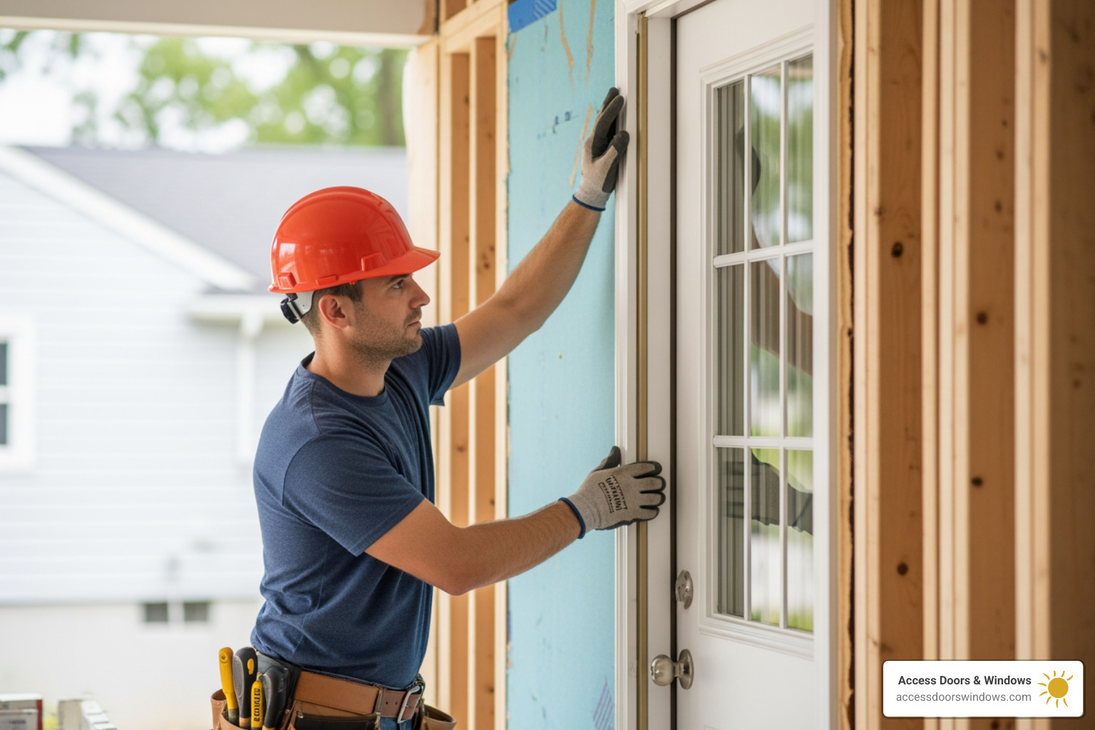 professional installer carefully fitting a new exterior door into a home during renovation - Energy efficient door installation