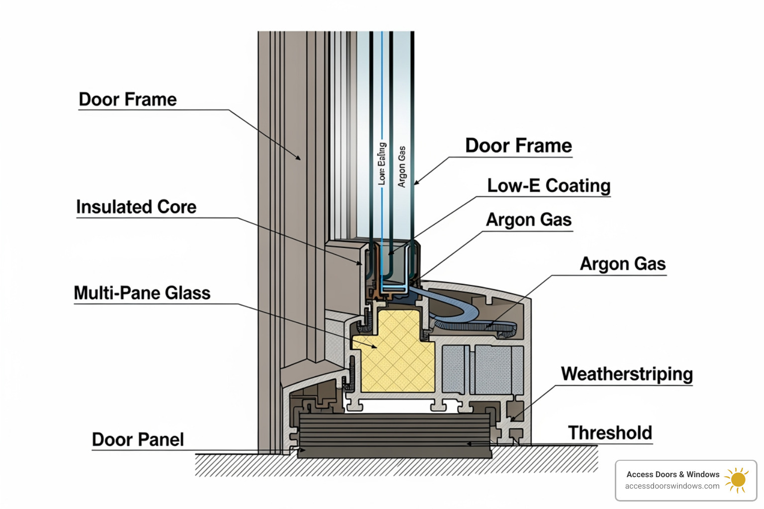 cross-section of an energy-efficient door showing its components including insulated core, frame, multi-pane glass, low-E coating, argon gas, weatherstripping, and threshold - Energy efficient door installation