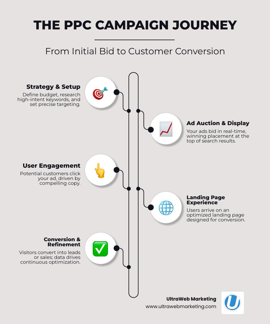 Infographic showing PPC campaign flow: Business sets budget and selects keywords, then bids on ad placement in auction, winning ads appear at top of search results, potential customers click ads and visit landing page, visitors convert into leads or sales, business tracks ROI and optimizes campaigns - boca raton ppc management infographic infographic-line-5-steps-elegant_beige