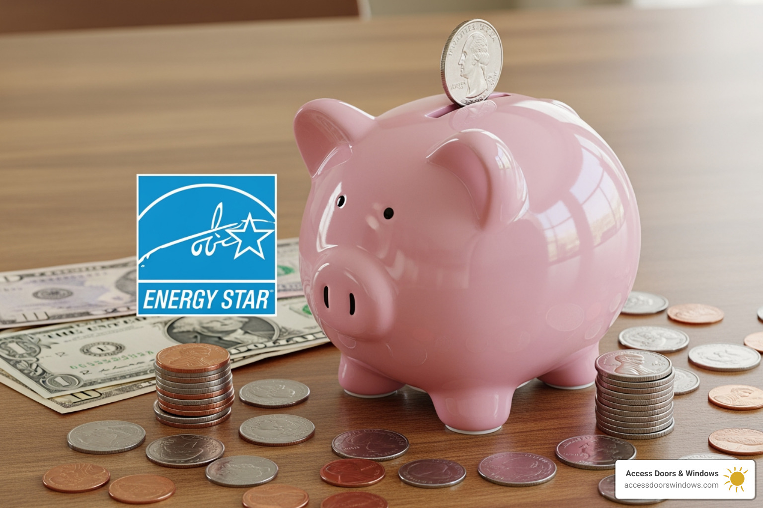 piggy bank next to an ENERGY STAR logo with federal tax credits, local utility rebates, manufacturer incentives, and available financing options listed - Energy efficient door installation