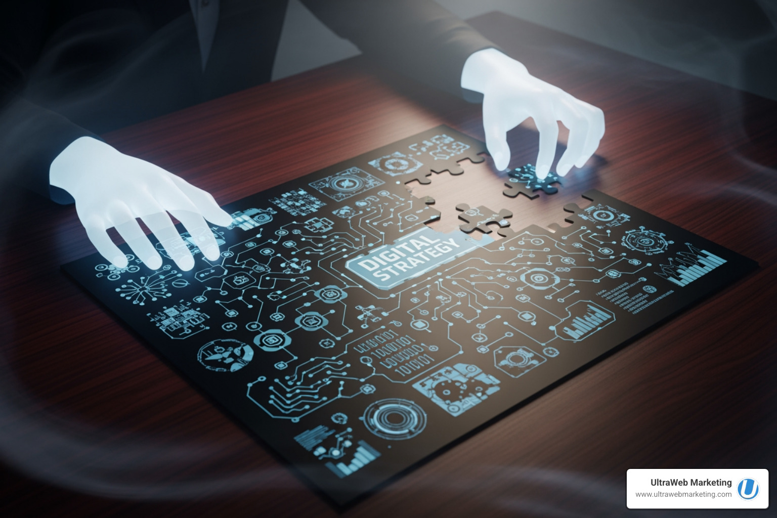 Spooky hands assembling a digital marketing strategy puzzle with pieces like On-Page SEO, Off-Page SEO, Technical SEO, Local SEO, Content Marketing, and Link Building - seo marketing companies boca raton