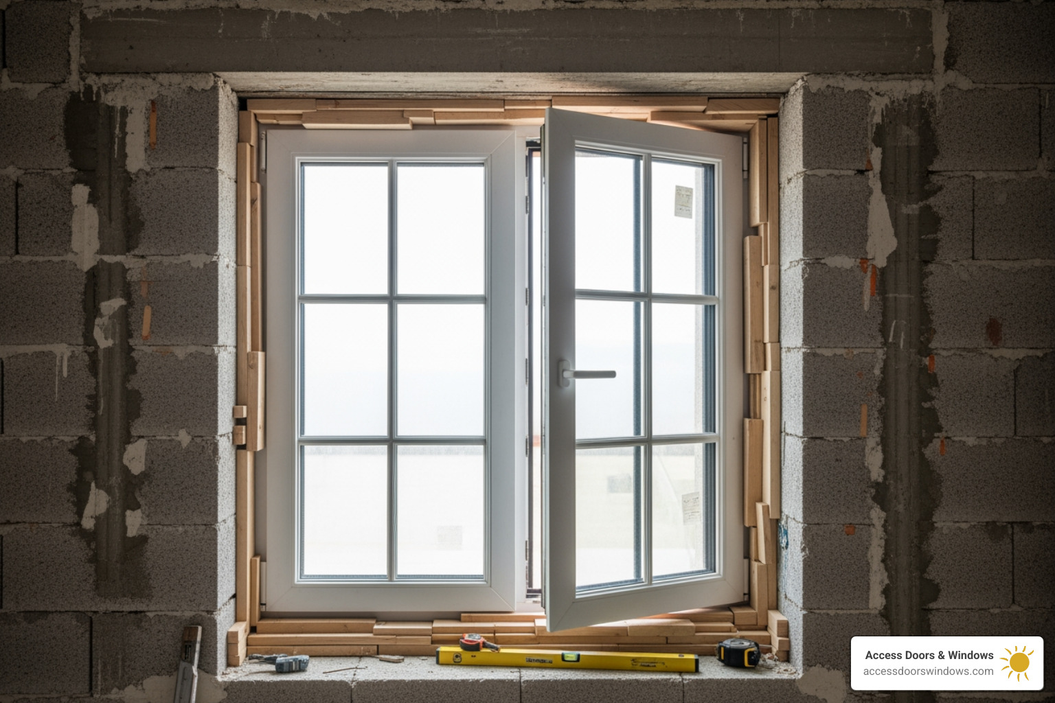 Image of a PGT casement window being dry-fitted into an opening with shims visible - how to install a pgt casement window