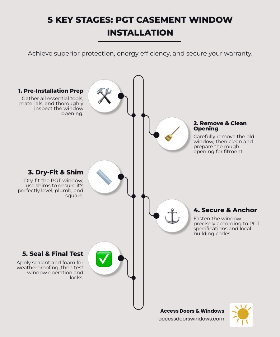 Infographic showing the 5 main stages of PGT casement window installation: 1) Pre-Installation preparation with tools and opening inspection, 2) Old window removal and cleaning, 3) Dry-fitting and shimming for level placement, 4) Anchoring with proper fasteners per specifications, 5) Sealing with sealant and foam plus final testing - how to install a pgt casement window infographic infographic-line-5-steps-elegant_beige