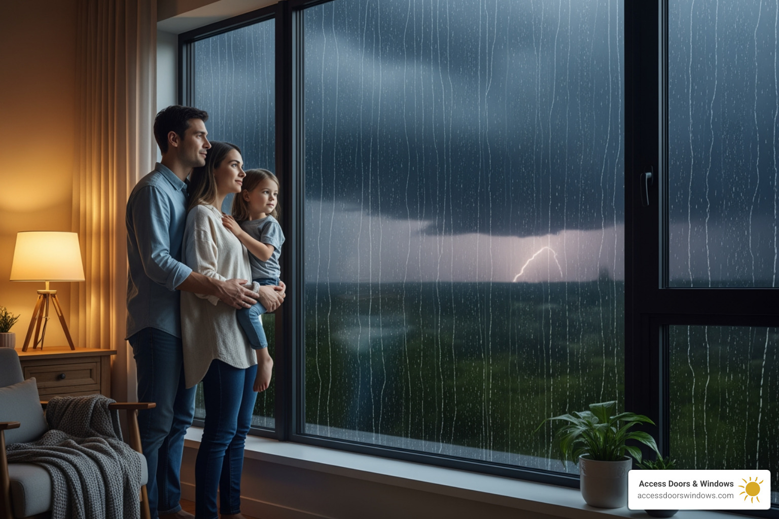 Image of a family enjoying the view from their secure PGT impact window during a storm - how to install a pgt casement window