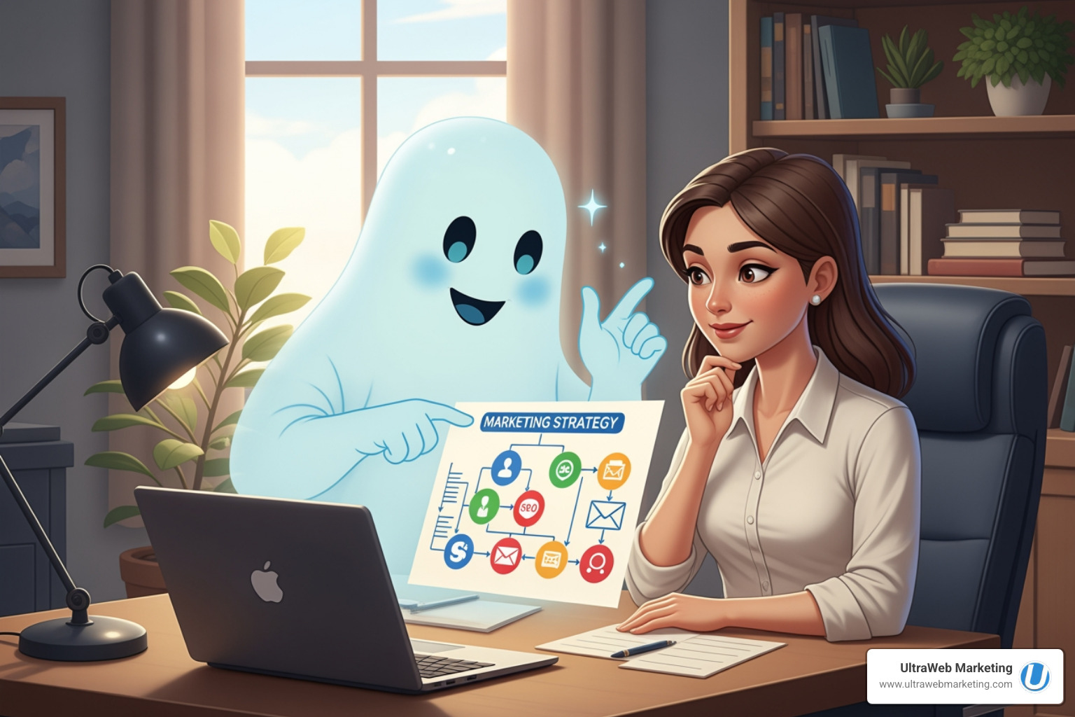 Friendly ghost helping a business owner with marketing strategy - creative marketing agency Friendly ghost helping a business owner with marketing strategy - creative marketing agency