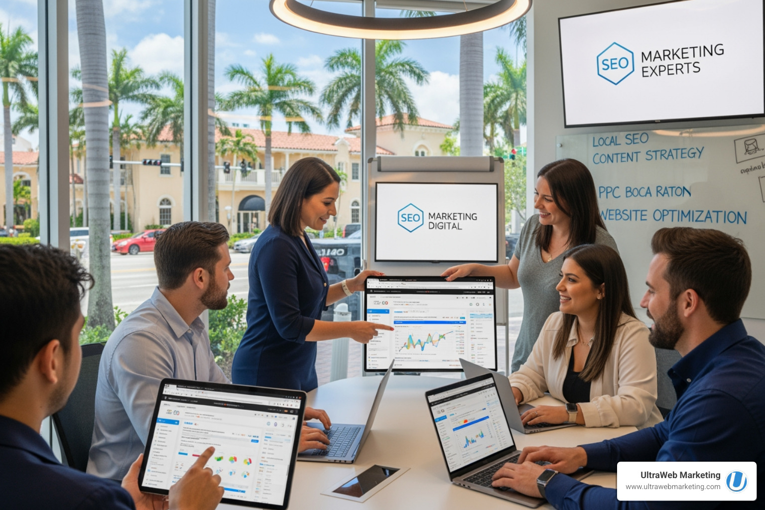 A friendly ghost pointing to a Google Maps Local Pack result for "Boca Raton Lawyers," highlighting local businesses - seo marketing companies boca raton