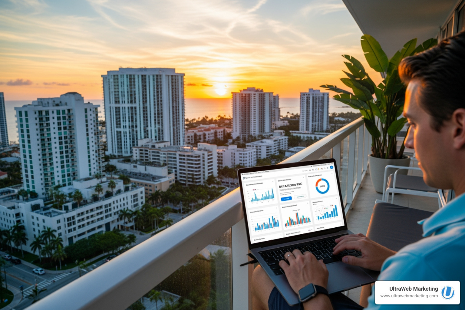 A marketing expert analyzing PPC data on a computer screen, with charts and graphs showing positive trends and ROI. - boca raton ppc management