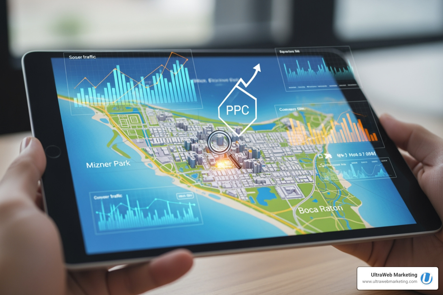 A Google Analytics dashboard showing positive ROI and conversion metrics, with charts indicating increased website traffic and lead generation. - boca raton ppc management