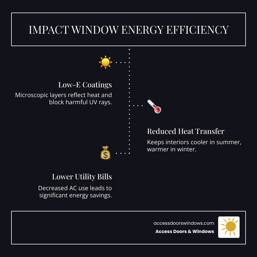 Infographic showing how Low-E glass coatings reflect heat and UV rays, reducing energy consumption - impact doors and windows infographic infographic-line-3-steps-dark