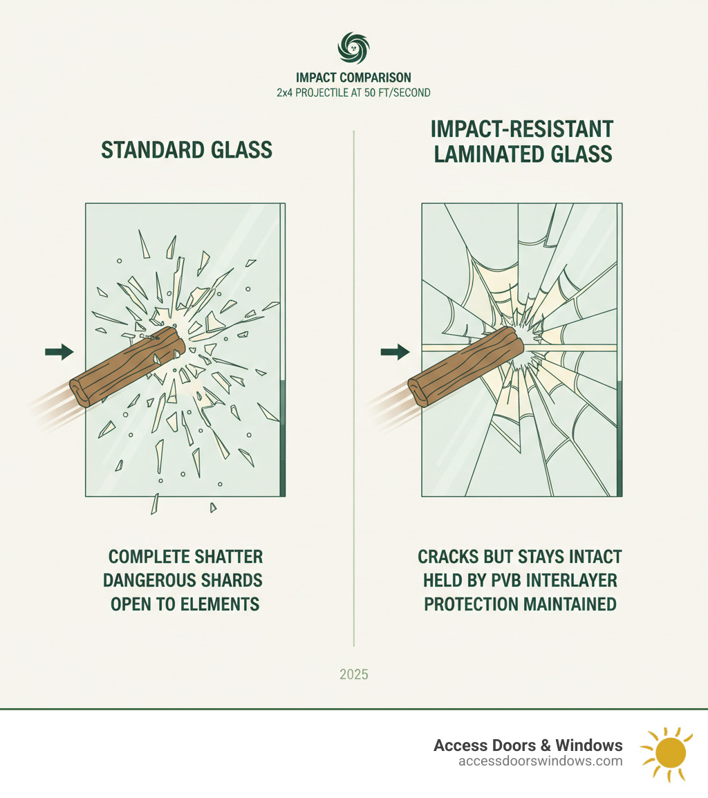 Detailed infographic showing a side-by-side comparison of standard glass versus impact-resistant laminated glass when struck by a 2x4 projectile at 50 feet per second, illustrating how standard glass shatters completely while impact glass cracks but remains intact due to the PVB polymer interlayer holding the glass fragments together - impact doors and windows infographic 