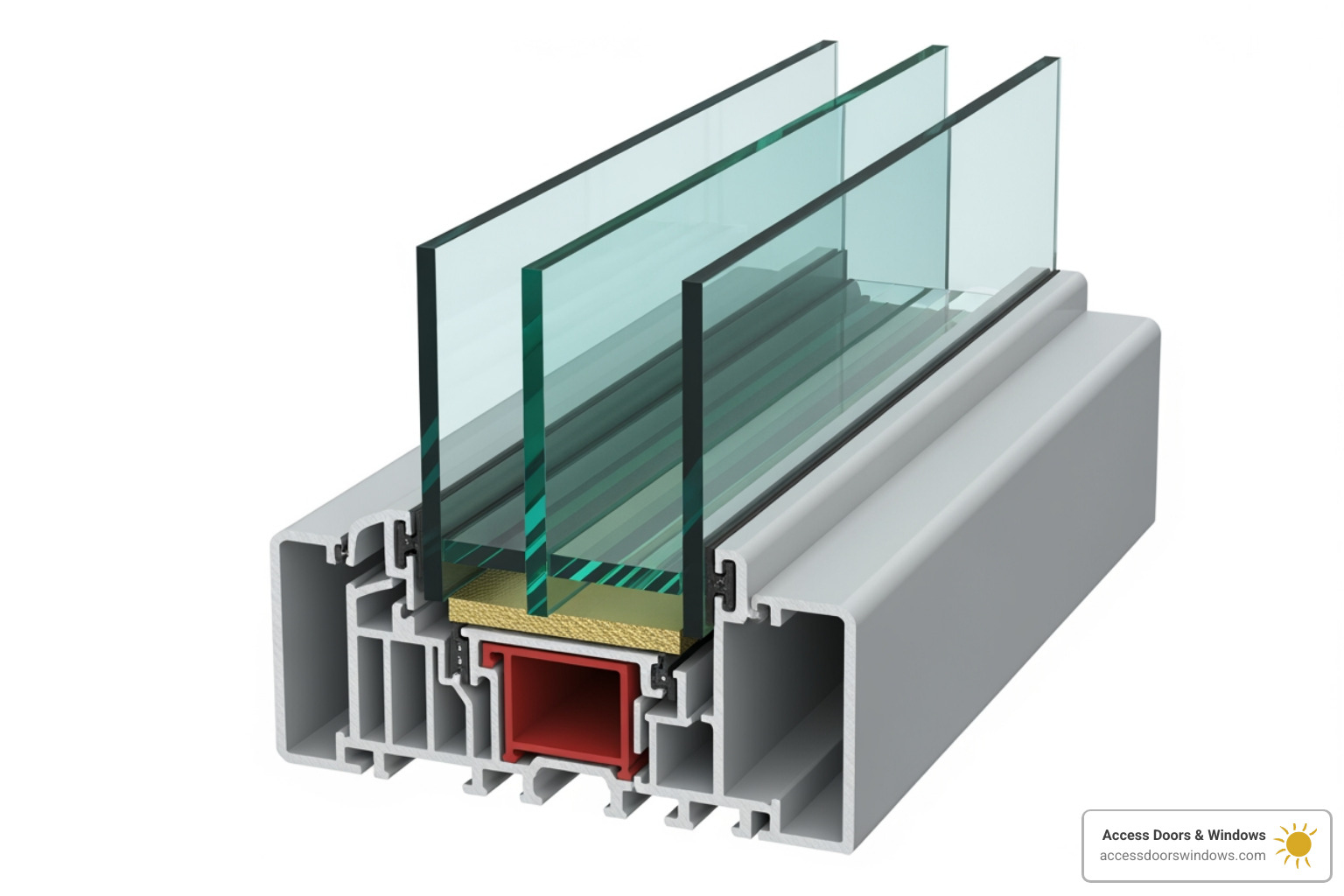Cross-section of an impact window showing laminated glass, PVB interlayer, and reinforced frame - impact doors and windows