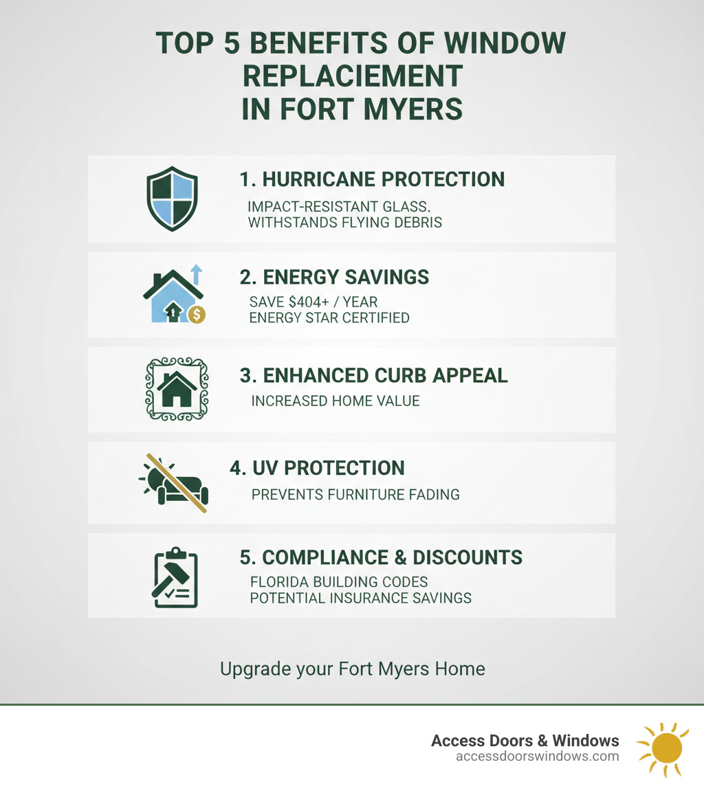 Infographic showing the top 5 benefits of window replacement in Fort Myers: 1) Hurricane protection with impact-resistant glass that withstands flying debris, 2) Energy savings of $404+ per year with ENERGY STAR certified windows, 3) Enhanced curb appeal and increased home value, 4) UV protection preventing furniture fading, 5) Compliance with Florida Building Codes and potential insurance discounts - Fort Myers window installation infographic 
