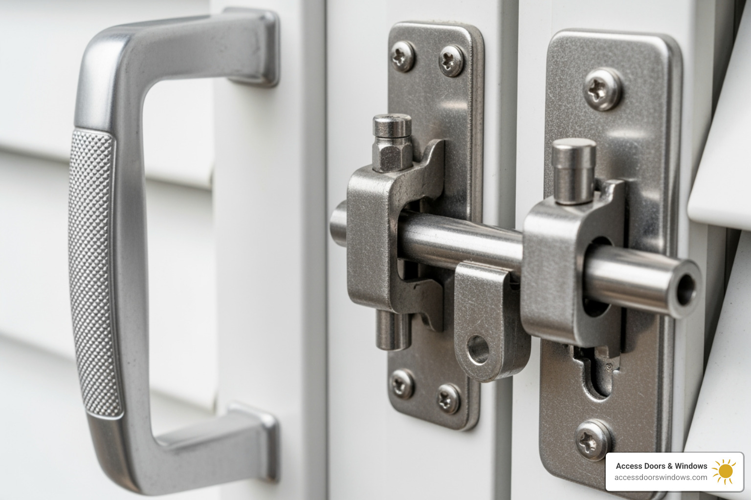 close-up on an accordion shutter's locking mechanism and handle - accordion hurricane shutters boca raton fl