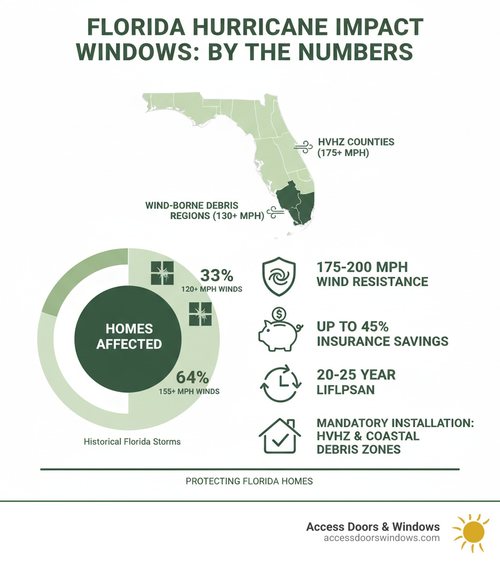 Infographic showing Florida hurricane zones with wind speed requirements, percentage of homes affected by hurricanes in different wind speeds, and key statistics: 175-200 mph wind resistance, up to 45% insurance savings, 20-25 year lifespan, and mandatory installation areas including HVHZ counties and coastal wind-borne debris regions - Florida hurricane impact windows infographic 