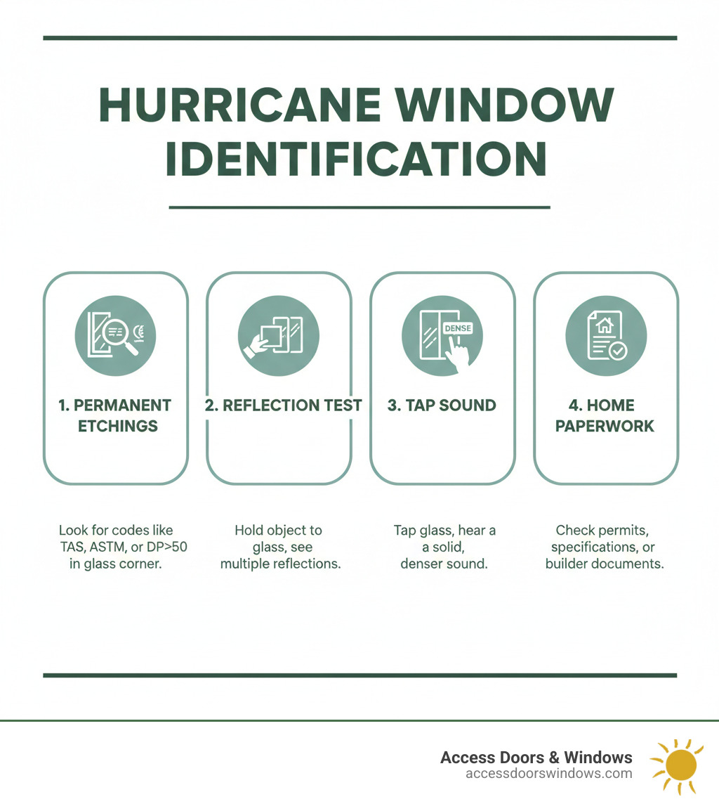 Infographic showing four methods to identify hurricane impact windows: 1) Look for permanent labels or etchings in glass corners with certification codes, 2) Perform reflection test by holding object to glass to see multiple reflections, 3) Tap glass to hear denser sound of laminated layers, 4) Check home paperwork for window specifications and permits - how do i know if my windows are hurricane proof infographic 