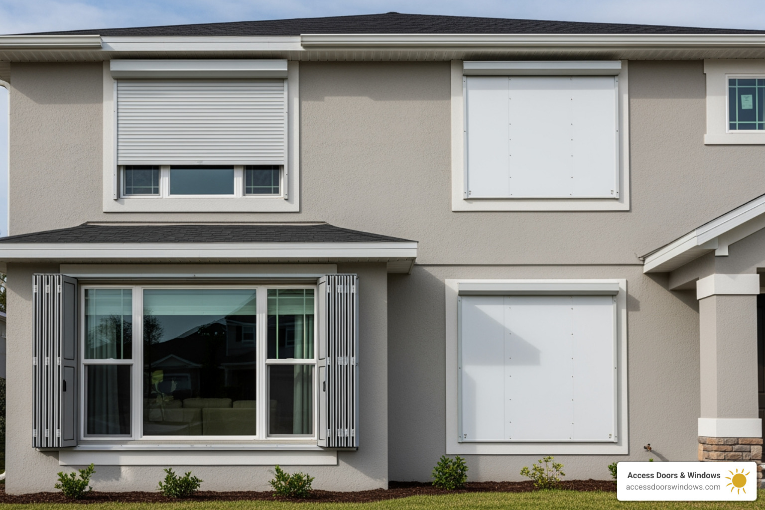 side-by-side visual comparison of accordion shutters and other shutter types on a home - accordion hurricane shutters boca raton fl