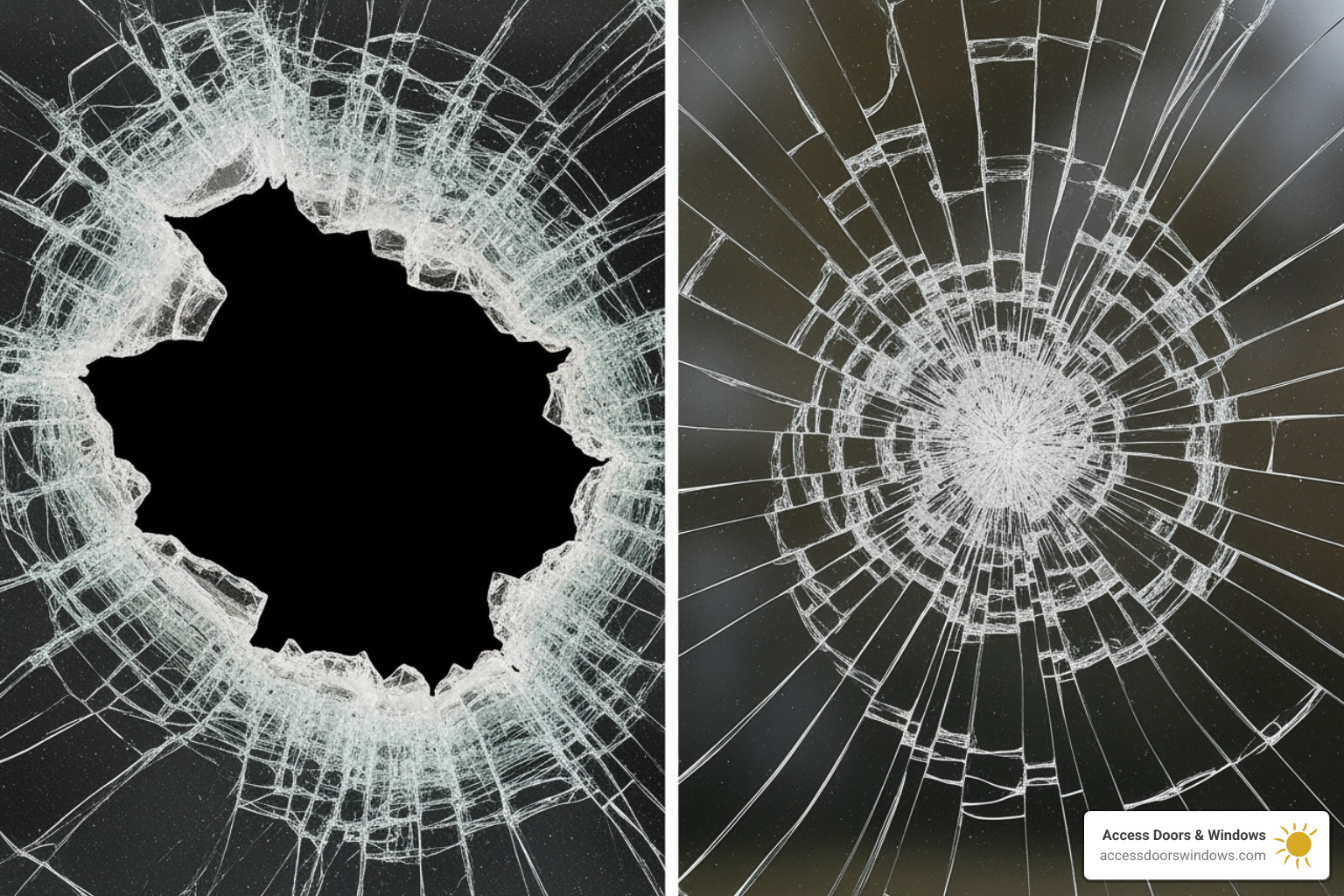 Side-by-side comparison showing a shattered regular window next to a cracked but intact impact window - Florida hurricane impact windows