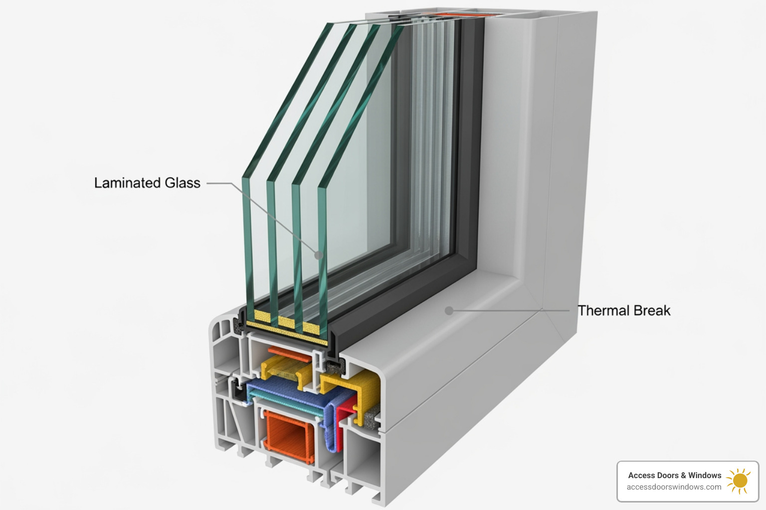 Cutaway view of a multi-layered impact glass window showing laminated glass and frame construction - Fort Myers window installation