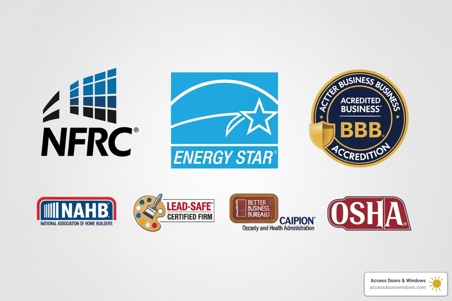 Various certification logos including ENERGY STAR, NFRC, and BBB - Fort Myers window installation