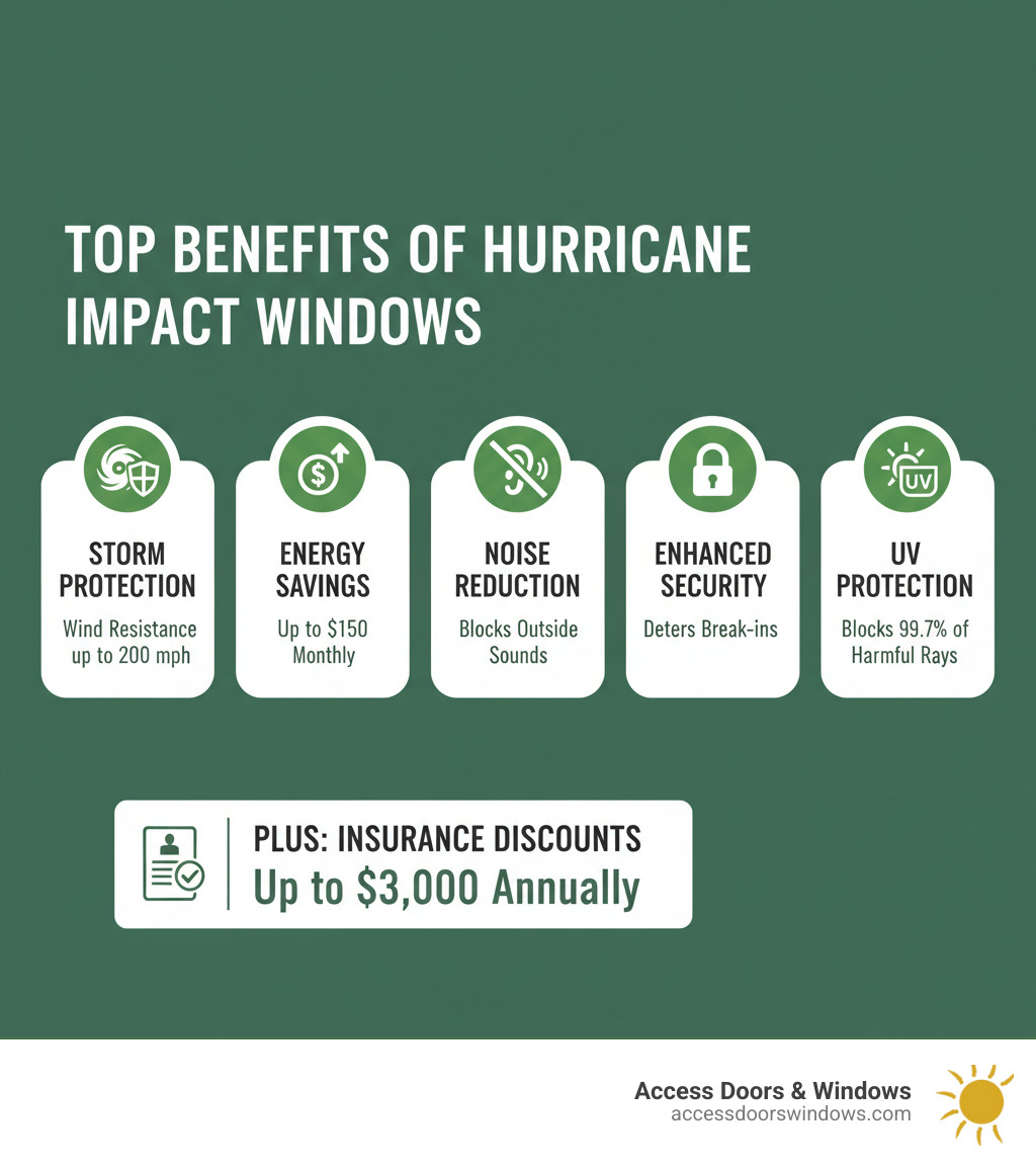 infographic showing the top 5 benefits of hurricane impact windows: storm protection with wind resistance up to 200 mph, energy savings of up to $150 monthly, noise reduction blocking outside sounds, enhanced security deterring break-ins, and UV protection blocking 99.7% of harmful rays, plus insurance discounts up to $3,000 annually - hurricane impact windows infographic infographic showing the top 5 benefits of hurricane impact windows: storm protection with wind resistance up to 200 mph, energy savings of up to $150 monthly, noise reduction blocking outside sounds, enhanced security deterring break-ins, and UV protection blocking 99.7% of harmful rays, plus insurance discounts up to $3,000 annually - hurricane impact windows infographic