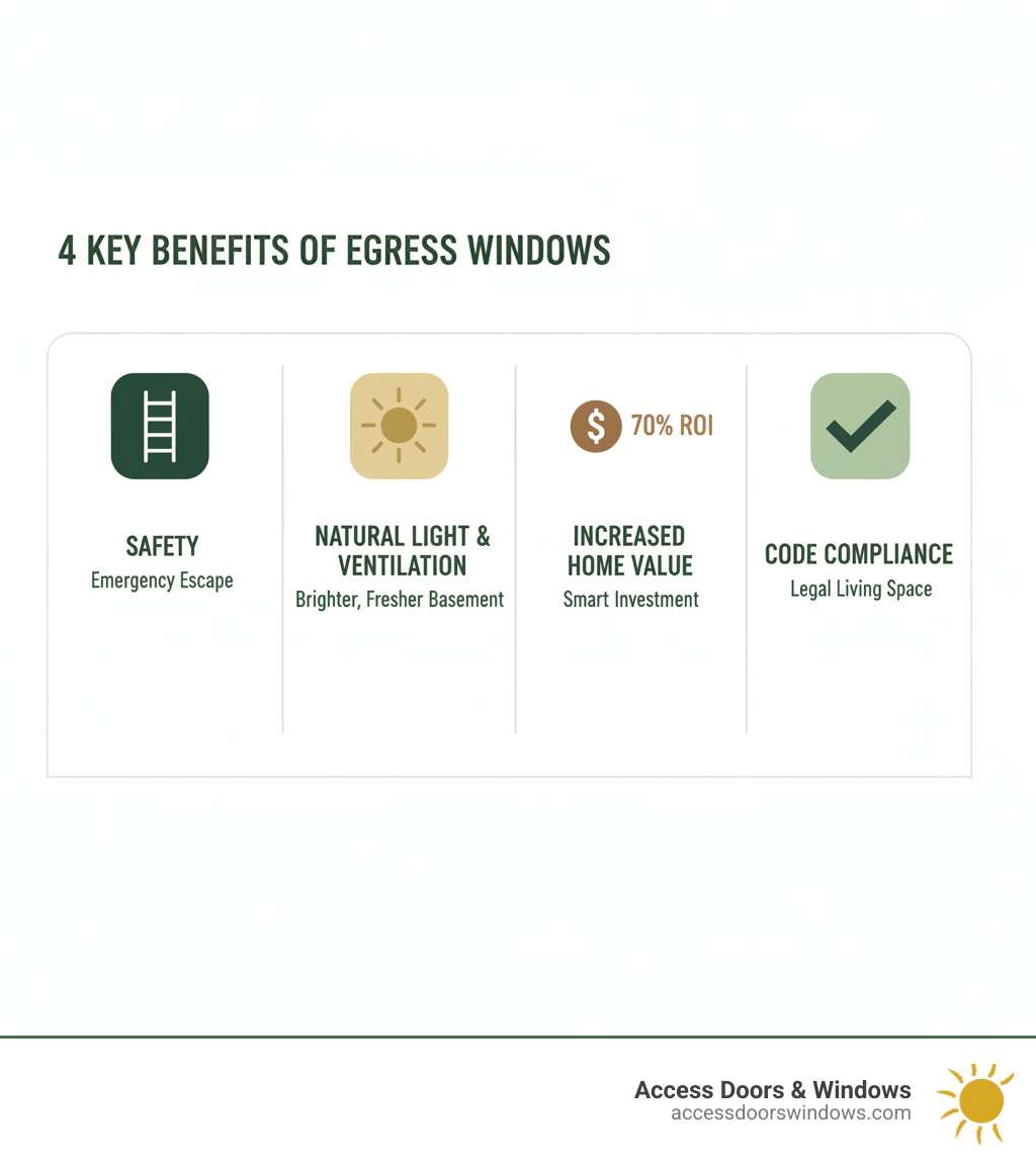infographic showing the four key benefits of egress windows: safety and emergency escape with a ladder icon, natural light and ventilation with a sun icon, increased home value showing 70% ROI with a dollar sign icon, and code compliance for legal living space with a checkmark icon - egress window install near me infographic 