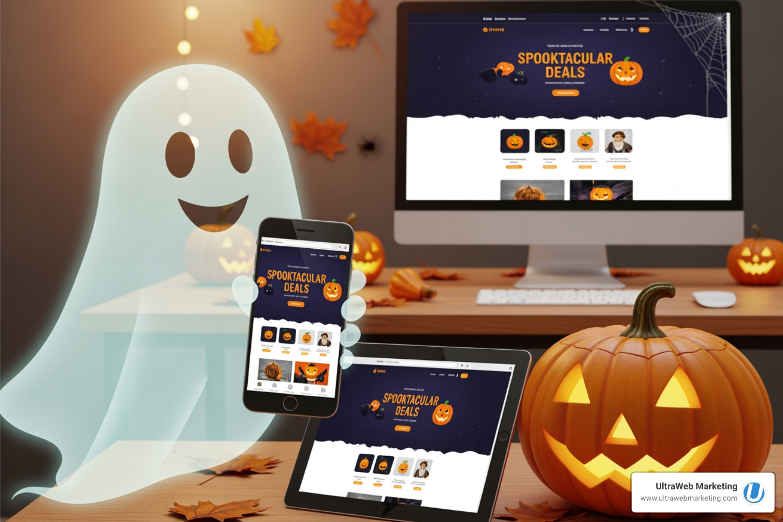 A Halloween-themed graphic showing a website displayed perfectly on a smartphone held by a friendly ghost, a tablet resting on a pumpkin, and a desktop computer with a spiderweb in the corner. The screen shows a vibrant, responsive website. - delray beach website design A Halloween-themed graphic showing a website displayed perfectly on a smartphone held by a friendly ghost, a tablet resting on a pumpkin, and a desktop computer with a spiderweb in the corner. The screen shows a vibrant, responsive website. - delray beach website design