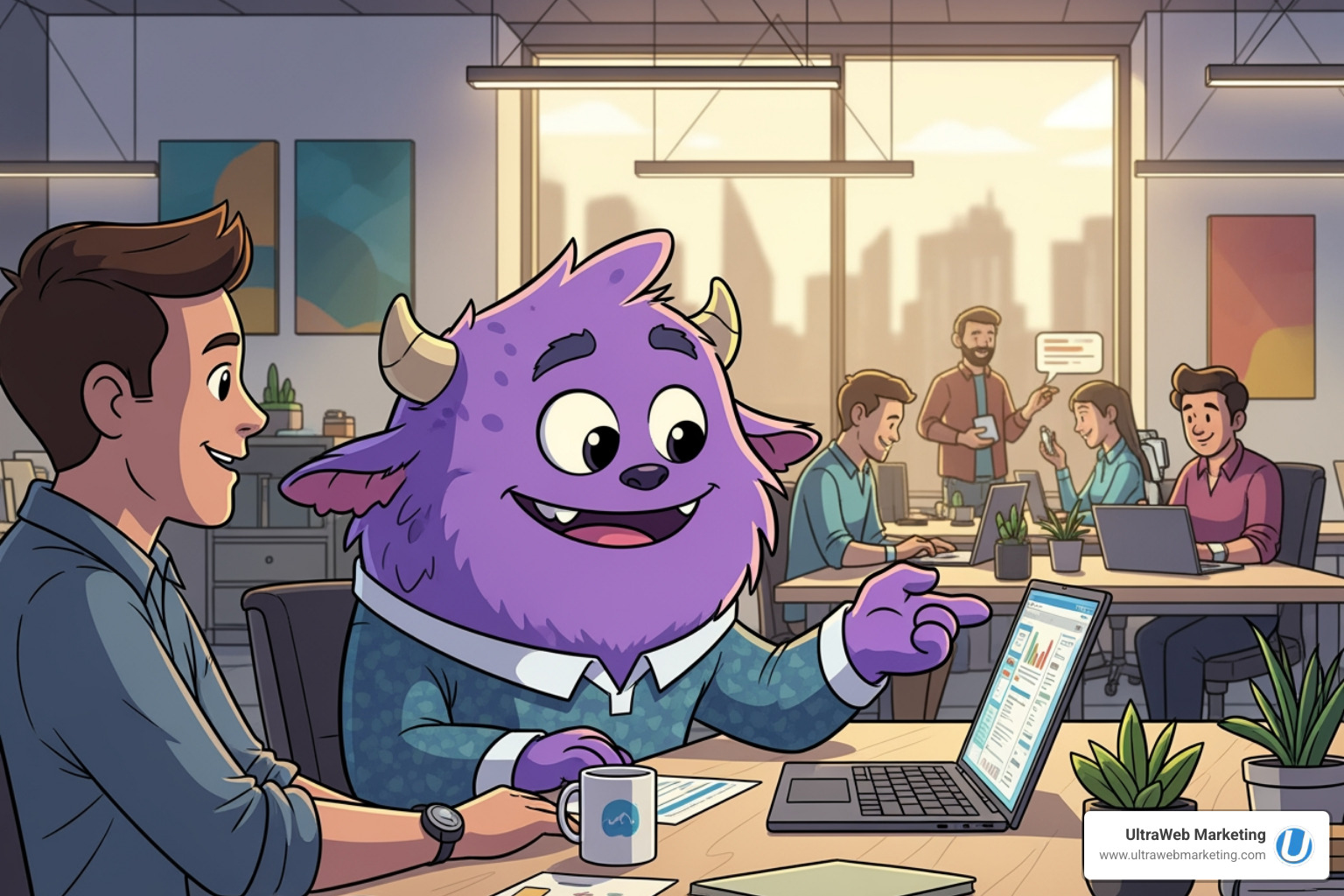A cartoon image of a friendly, purple monster (not scary) sitting at a desk with a laptop, collaborating with a human team member. The office looks modern and inviting, with a sign that says "UltraWeb Marketing - Boca Raton Office". - delray beach website design A cartoon image of a friendly, purple monster (not scary) sitting at a desk with a laptop, collaborating with a human team member. The office looks modern and inviting, with a sign that says "UltraWeb Marketing - Boca Raton Office". - delray beach website design
