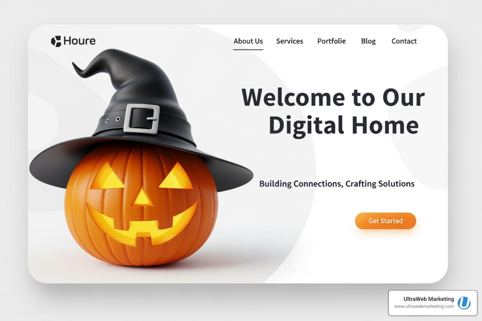 A friendly, smiling pumpkin with a witch's hat on a modern, professional website homepage, signaling a welcoming and effective online presence. Text reads: "We won't ghost you! Let UltraWeb Marketing build your dream website." - delray beach website design A friendly, smiling pumpkin with a witch's hat on a modern, professional website homepage, signaling a welcoming and effective online presence. Text reads: "We won't ghost you! Let UltraWeb Marketing build your dream website." - delray beach website design