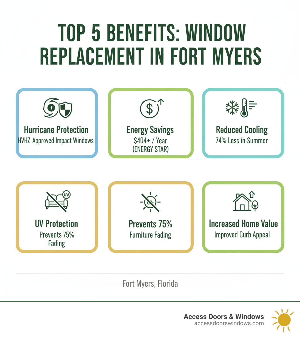 Infographic showing the top 5 benefits of window replacement in Fort Myers Florida: hurricane protection with HVHZ-approved impact windows, energy savings of $404+ per year with ENERGY STAR certification, reduced cooling costs by 74% in summer, UV protection preventing furniture fading by 75%, and increased home value with improved curb appeal - Fort Myers window replacement infographic 