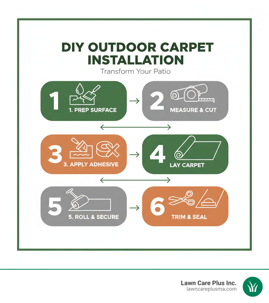 Infographic showing the step-by-step process: 1. Prepare concrete surface by cleaning, repairing cracks, and checking for moisture. 2. Measure patio area and cut carpet with 3-inch overhang. 3. Apply outdoor adhesive with notched trowel or place double-sided tape around perimeter and in X pattern. 4. Lay carpet starting from one end, pressing firmly. 5. Roll entire surface with 50-pound carpet roller to eliminate air pockets. 6. Trim excess edges and seal seams with outdoor carpet adhesive. - how to install outdoor carpet on concrete patio infographic 