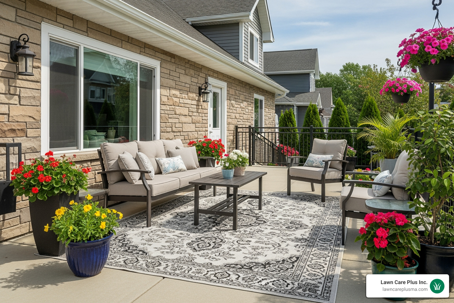 A beautifully furnished concrete patio featuring a soft, inviting outdoor carpet, comfortable seating, and vibrant potted plants. - how to install outdoor carpet on concrete patio
