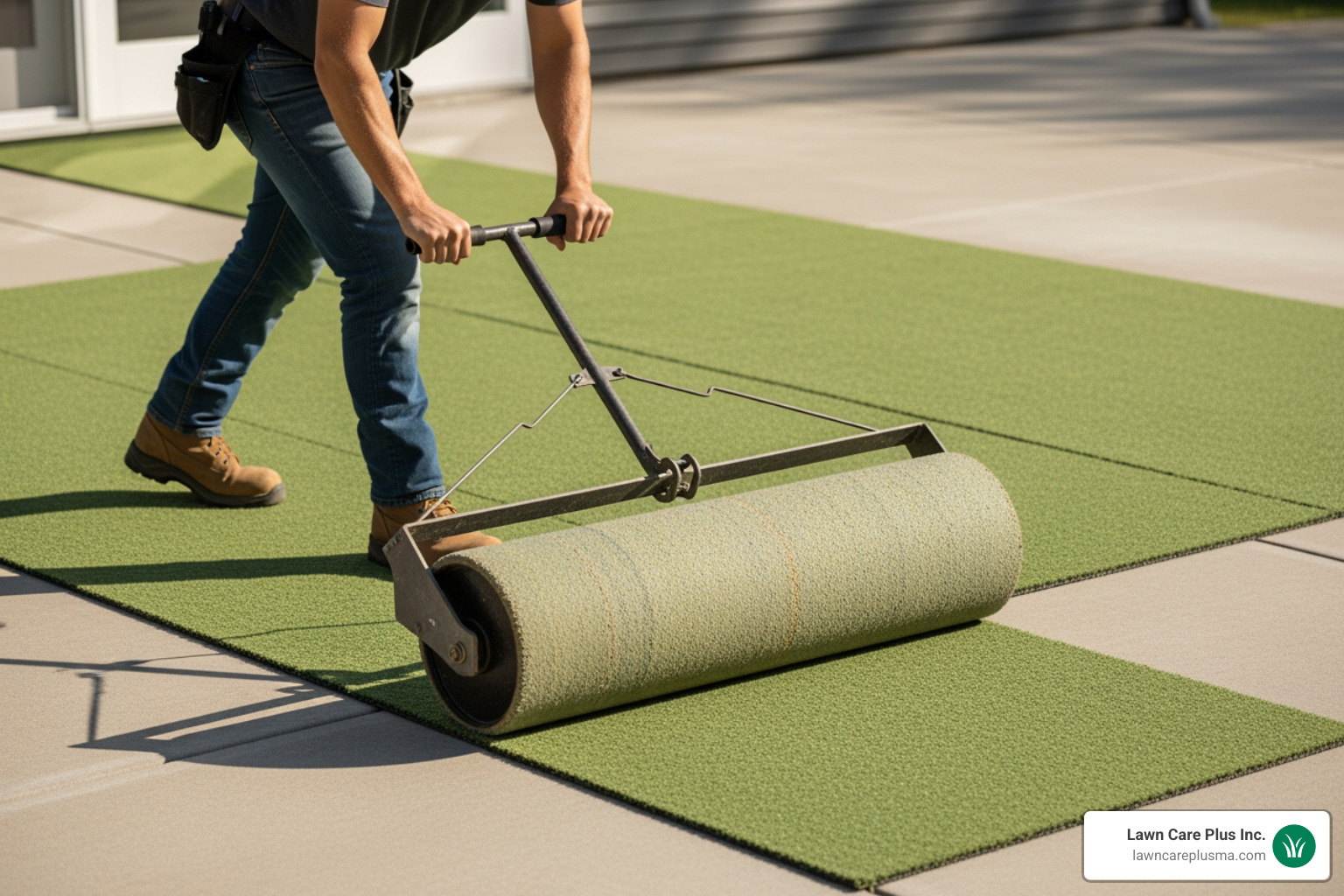 A person is using a heavy carpet roller to smooth out a freshly laid outdoor carpet on a concrete patio, ensuring even adhesion and removing air bubbles. - how to install outdoor carpet on concrete patio
