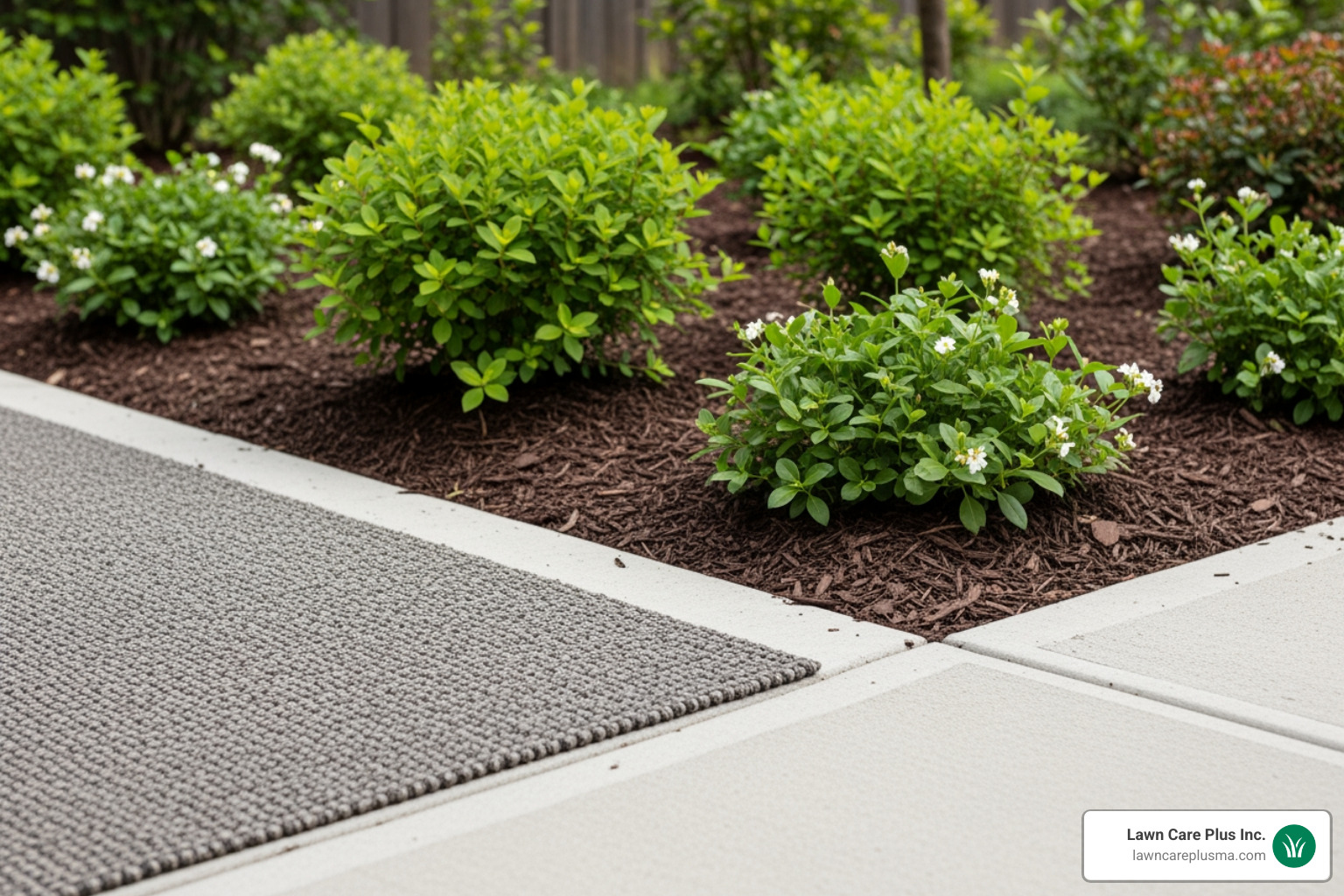 A beautifully edged outdoor carpet section seamlessly transitioning into a well-maintained garden bed, highlighting the neat finish. - how to install outdoor carpet on concrete patio