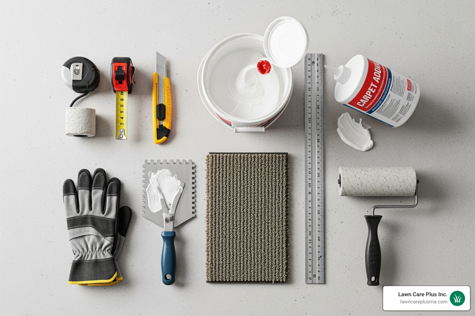 A collection of all the necessary tools and materials for outdoor carpet installation, neatly arranged on a clean, light-colored surface. - how to install outdoor carpet on concrete patio