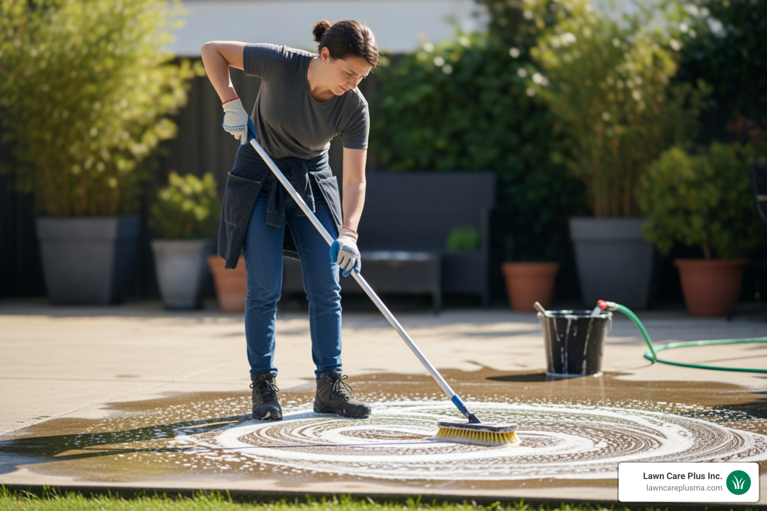 A person diligently scrubbing a concrete patio surface with a long-handled brush and cleaning solution, preparing it for outdoor carpet installation. - how to install outdoor carpet on concrete patio